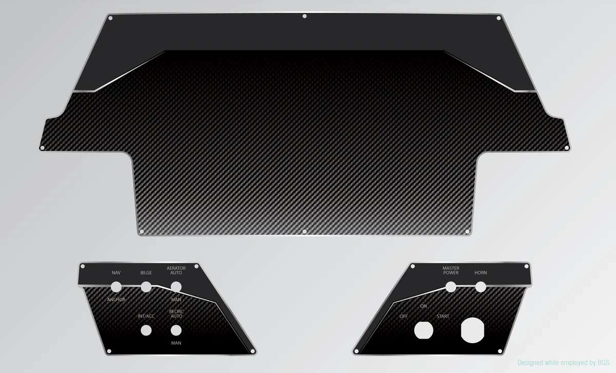 Helm and switch panels: Carbon-fiber helm dash with labeled switch plates