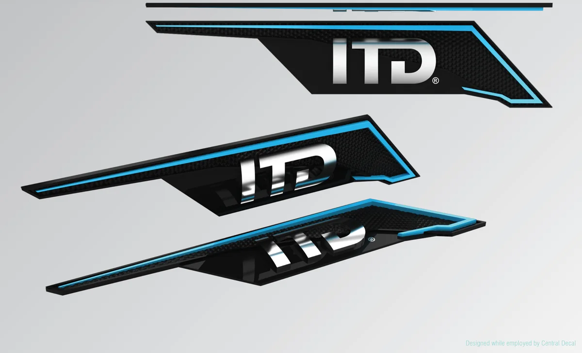 Performance model badge: Layered emblem with blue edge light