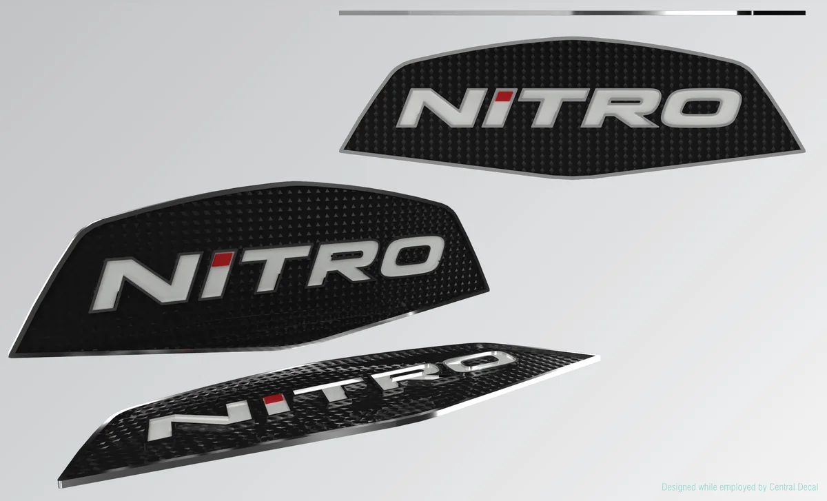 Molded nameplate set: Raised chrome lettering on textured base