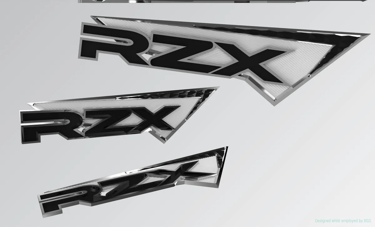 Chrome outline nameplate: Angled model badge in three sizes
