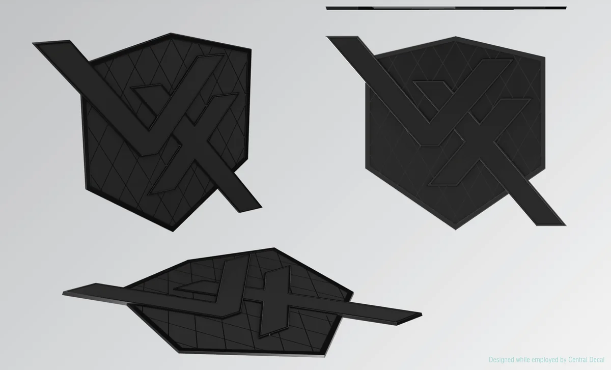 Dimensional shield emblem: Monochrome molded mark, three variants