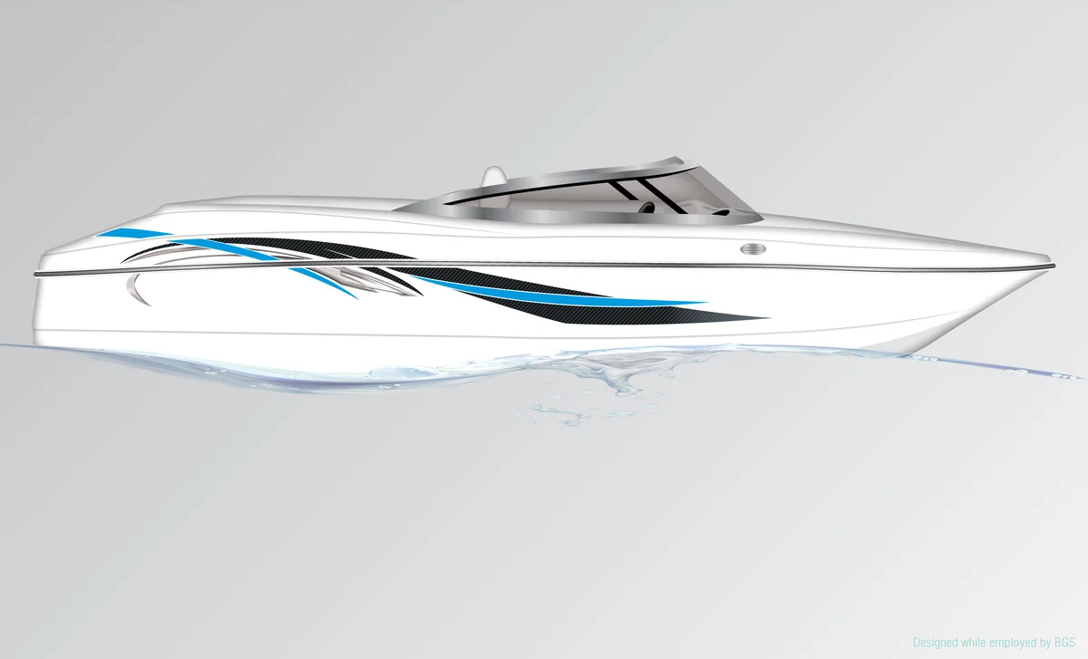 Runabout hull graphics: White hull with blue and black accent