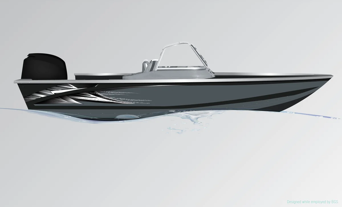 Deep-V fishing boat graphics: Gray hull with shard pattern