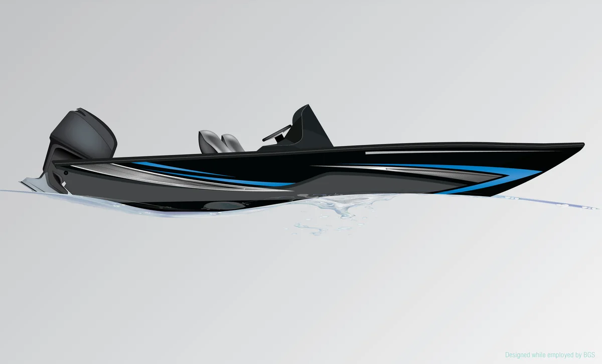 Bass boat graphics: Black hull with blue fade