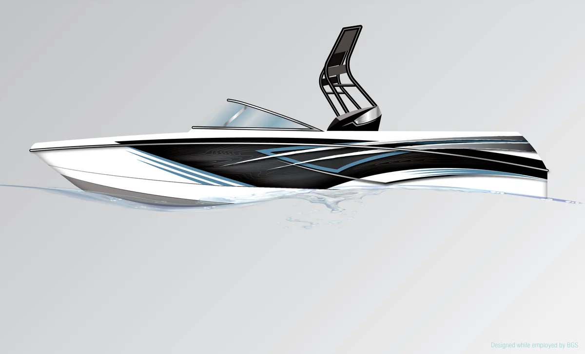Wake boat graphics: White and black hull with blue line work
