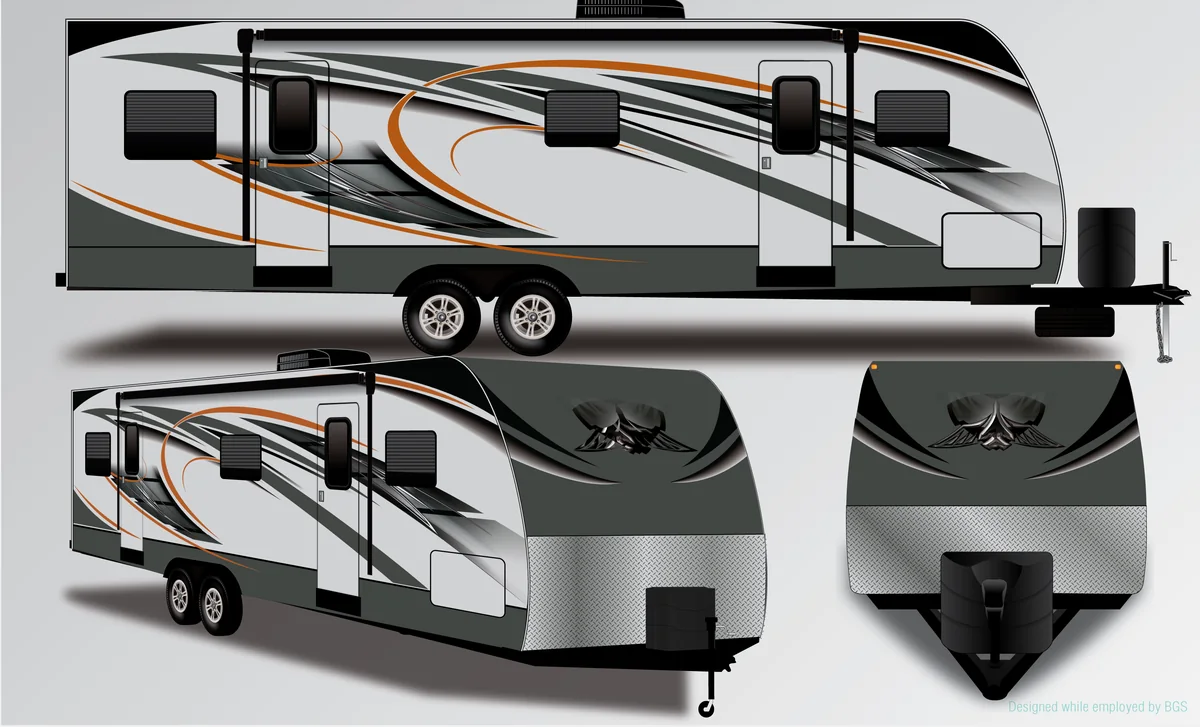Travel trailer package: Gray and orange swoops, full side, front and rear