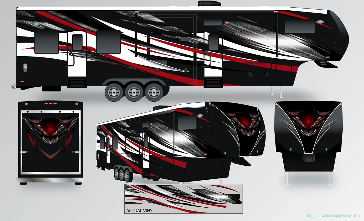 Toy hauler fifth wheel: Red and black full package with actual vinyl sample