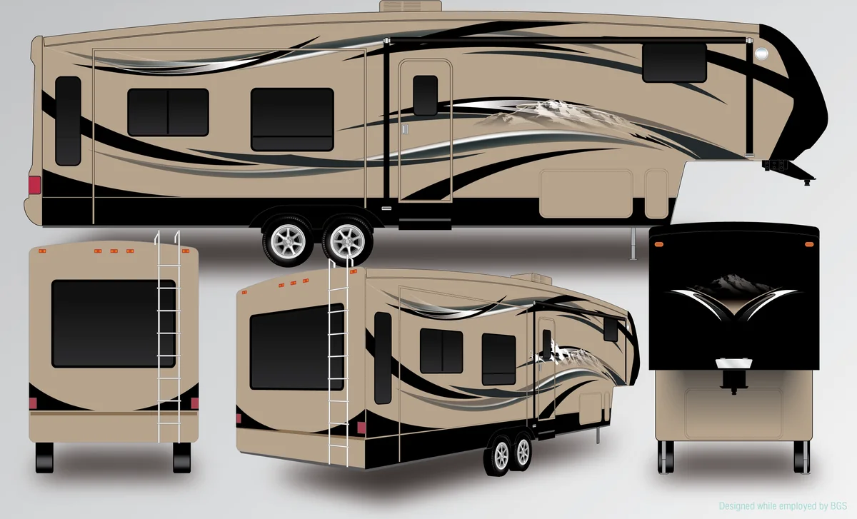 Fifth wheel package: Black and silver graphics on a tan body